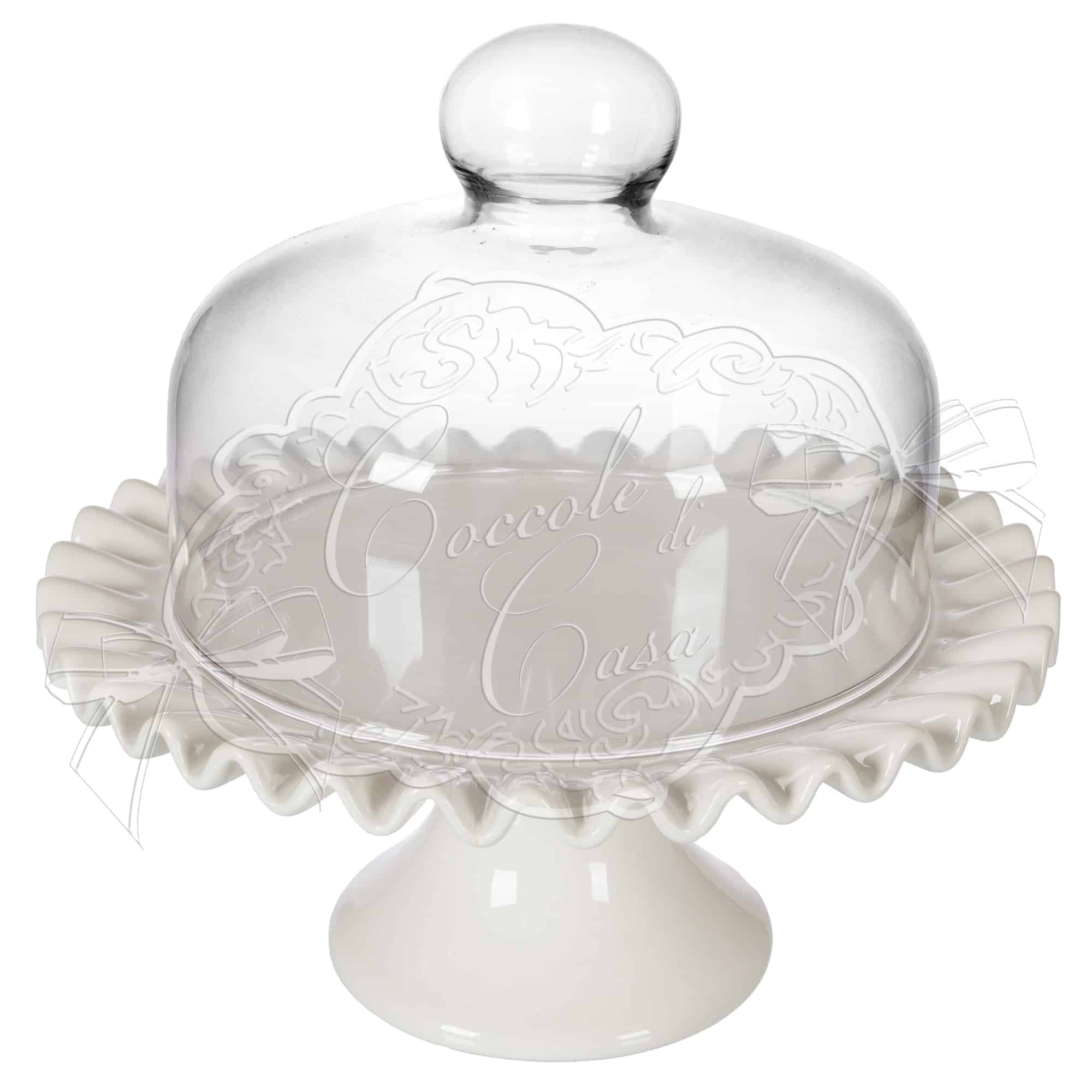 Alzata in ceramica con cupola in vetro bianco